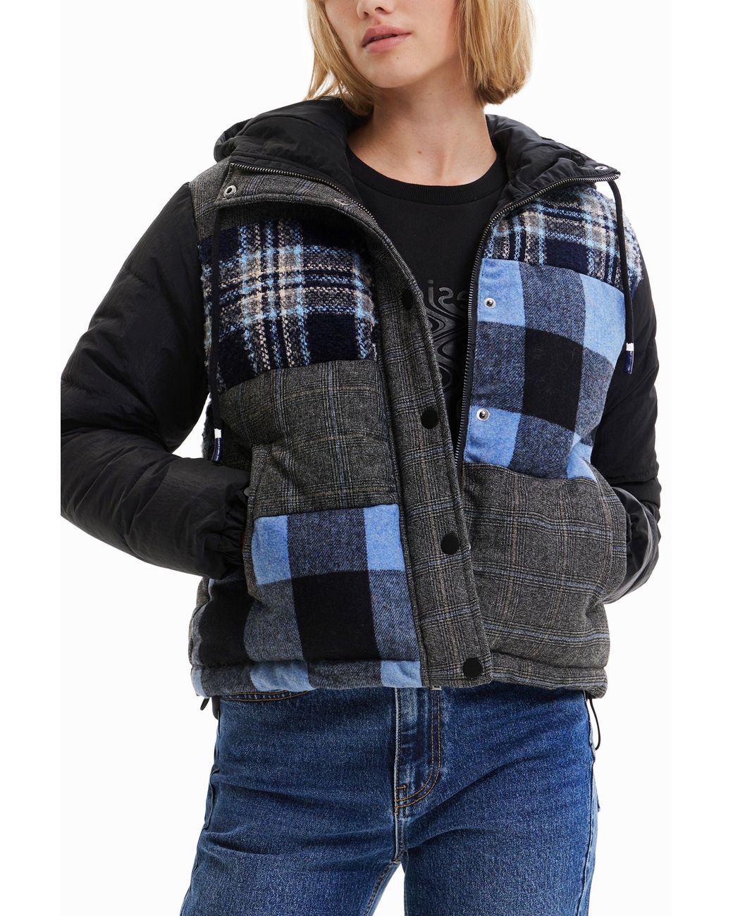 Desigual Blue Short Padded Patchwork Jacket