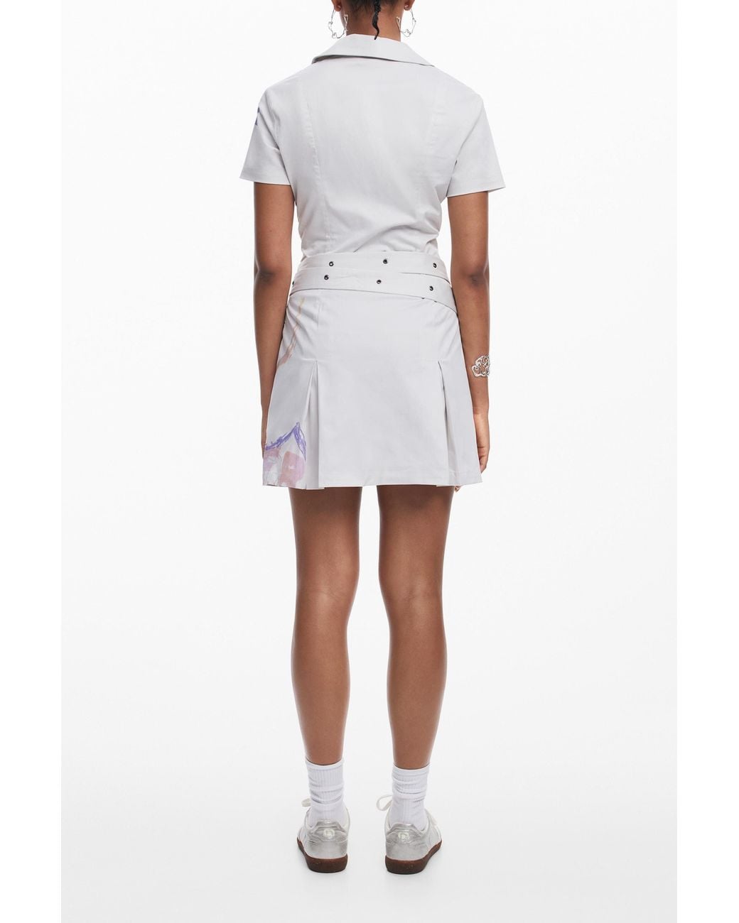 Desigual White Short Dress With Belt, Cotton