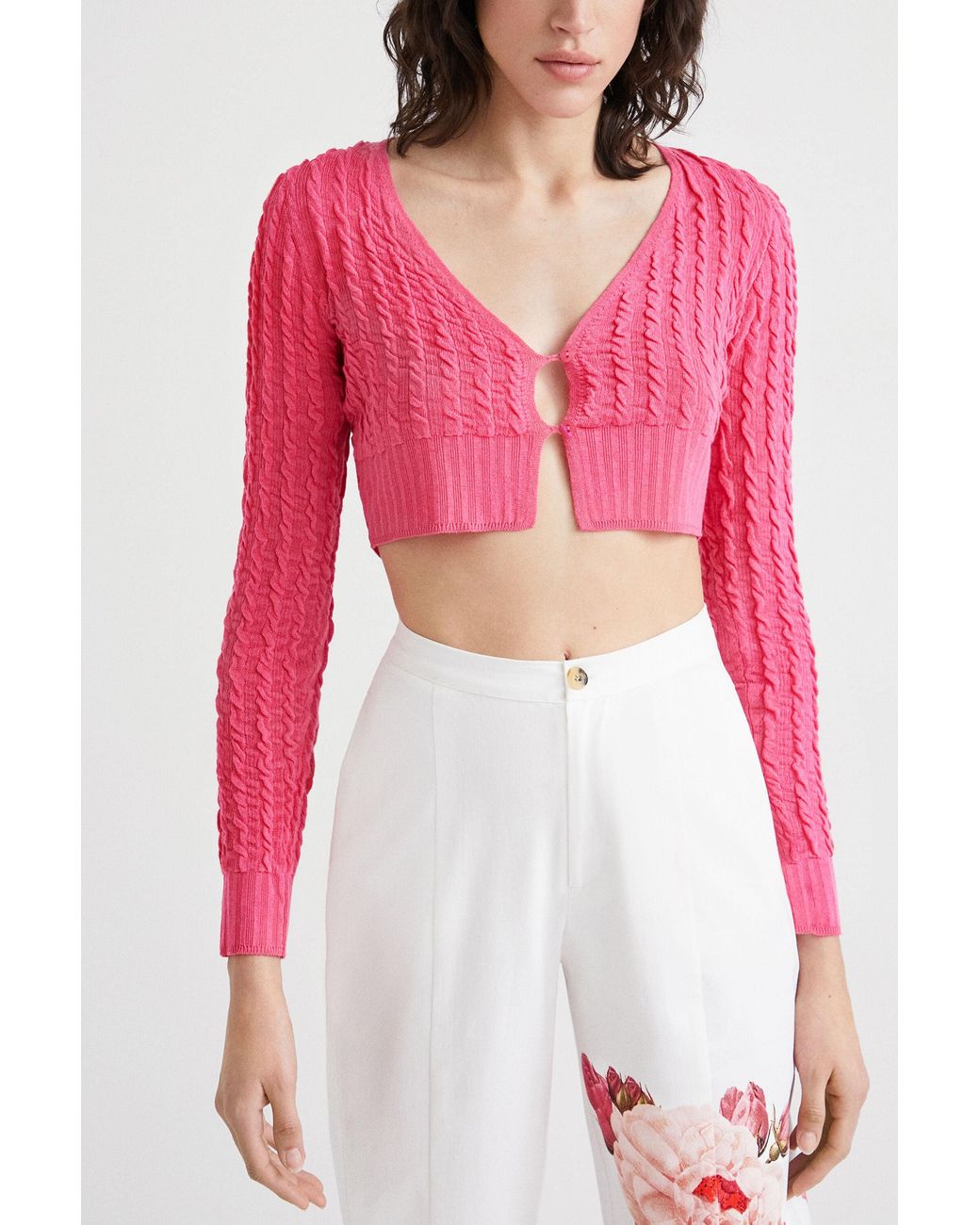 Desigual Pink Cropped Knit Cardigan, Viscose