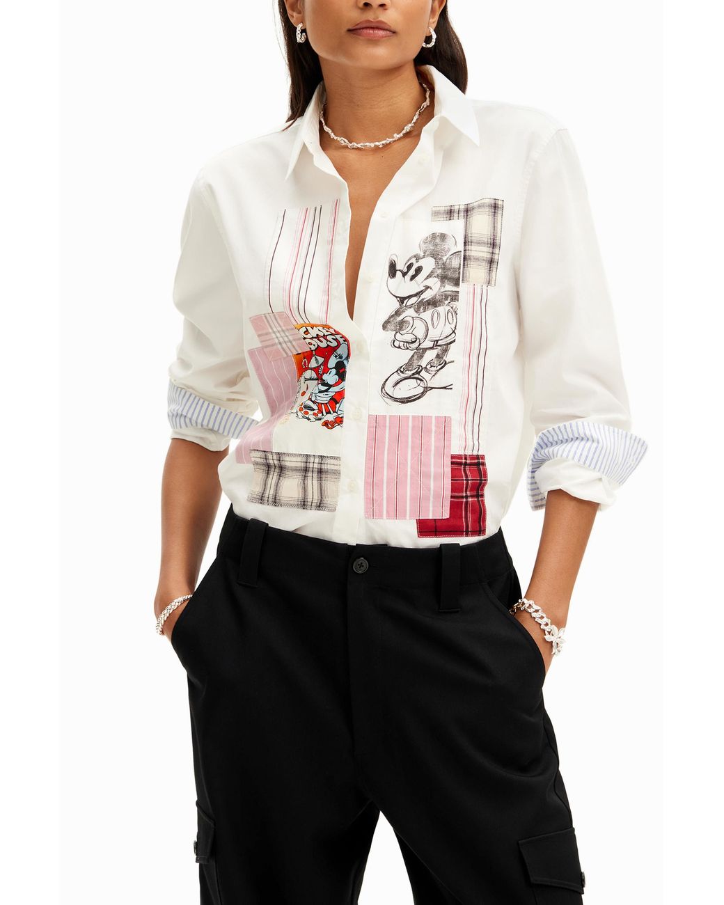 Desigual White Patchwork Mickey Mouse Shirt, Cotton