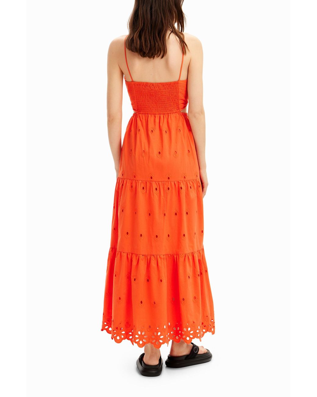 Desigual Orange Long Embroidered Cut-Out Dress, Cotton