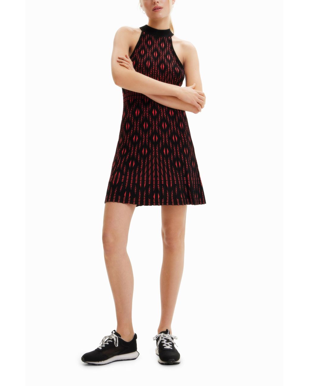 Desigual Red Short Geometric Knit Dress, Viscose