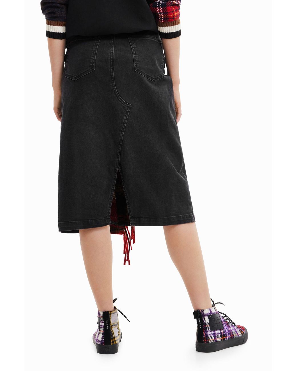 Desigual Red Tartan Denim Midi Skirt, Cotton