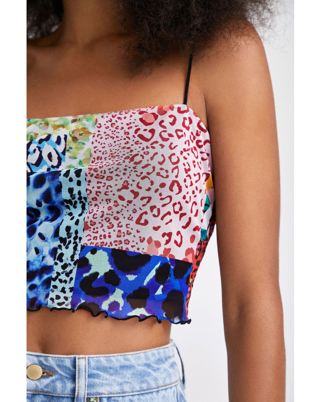 Desigual Blue Patchwork Crop Top, Polyester