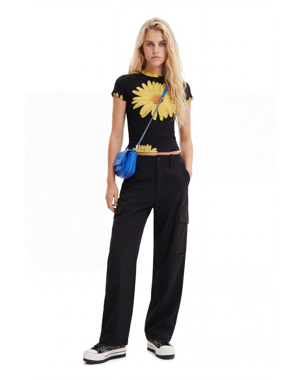 Desigual Black Ribbed Daisy T-Shirt, Viscose