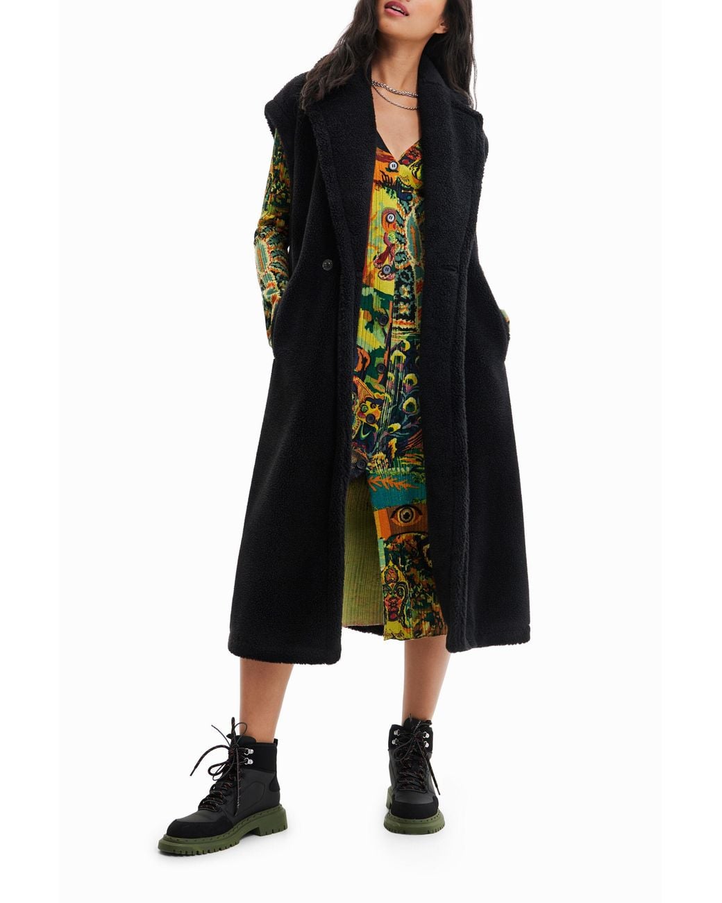 Desigual Black Long Fleece Gilet