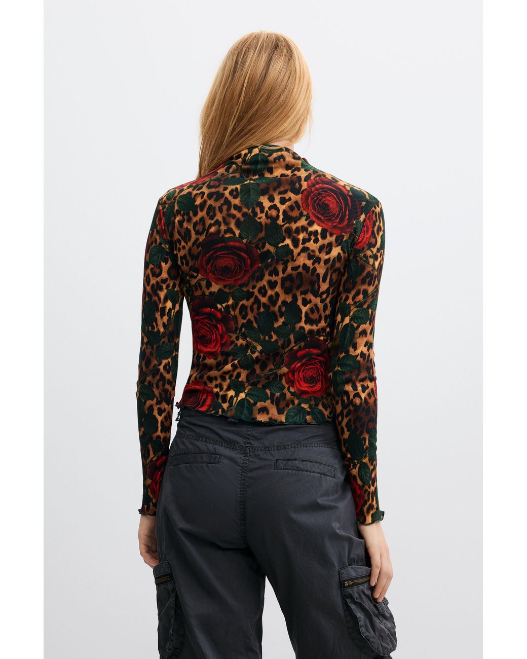 Desigual Black Ribbed T-Shirt Animal Print, Cotton