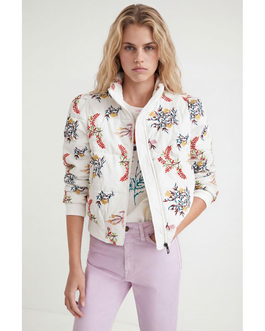 Desigual White Floral Quilted Jacket, Cotton