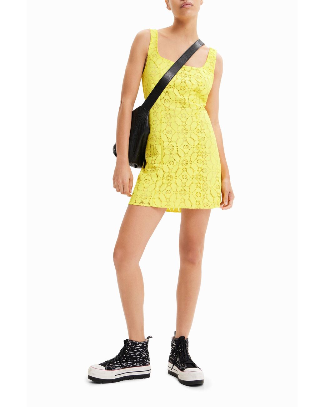 Desigual Yellow Short Lace Dress, Polyester
