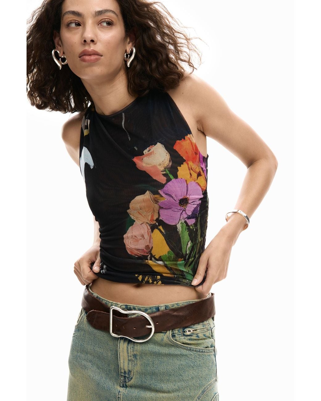 Desigual Black Mesh T-Shirt With Flowers, Polyester