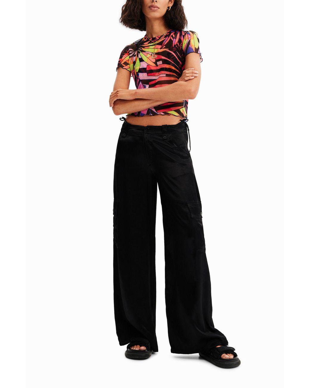 Desigual Red Short Tropical Tulle T-Shirt, Polyester