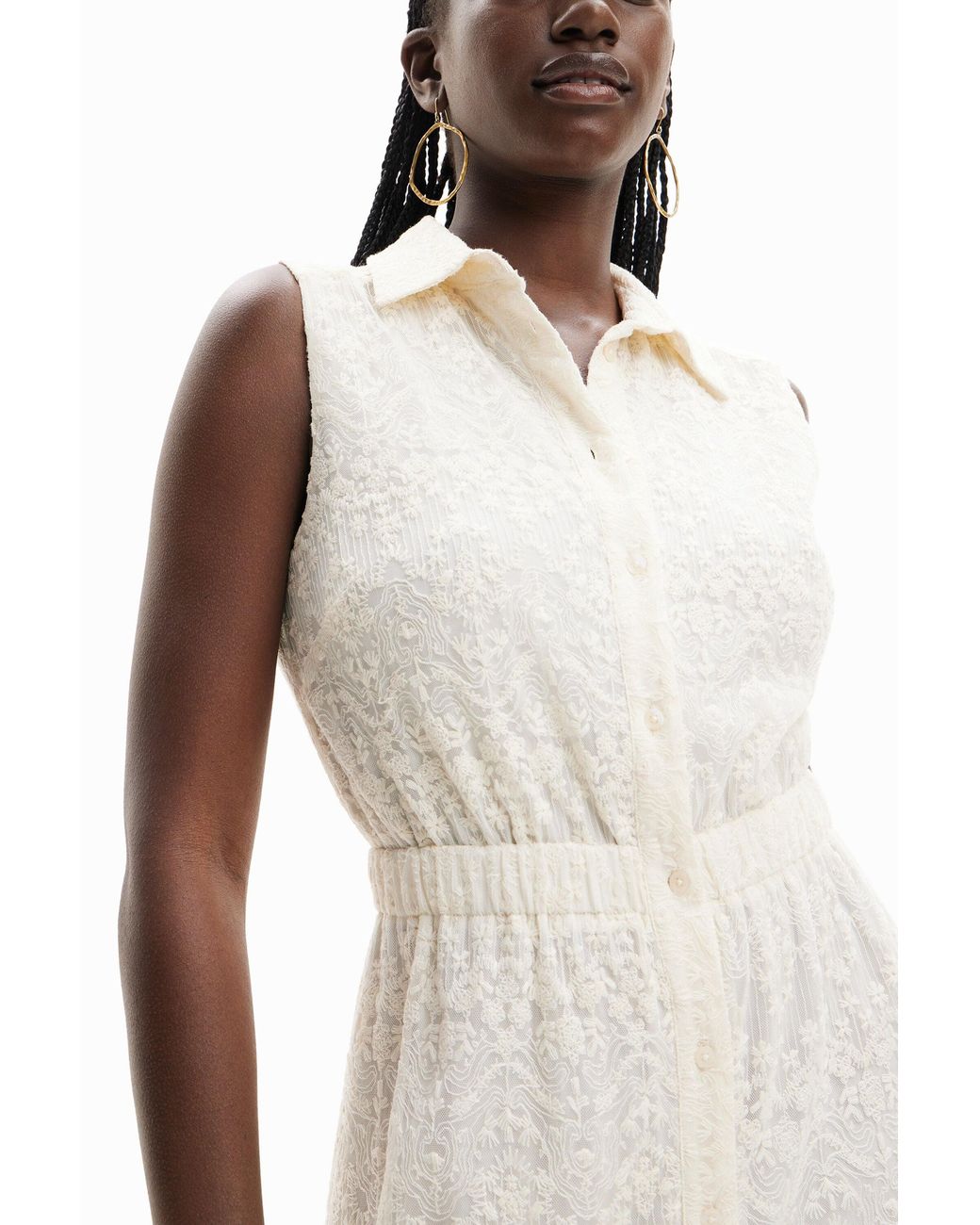Desigual White Long Embroidered Shirt Dress