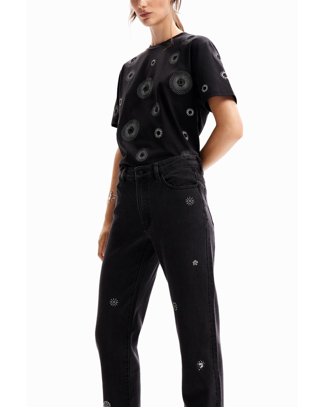 Desigual Black Straight Appliquéd Jeans, Cotton