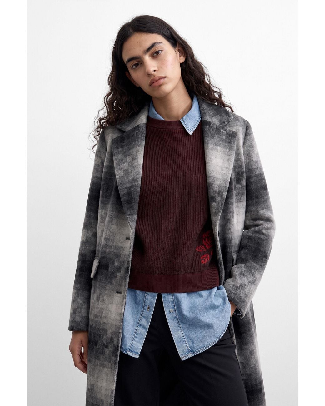 Desigual Blue Long Coat With Wool