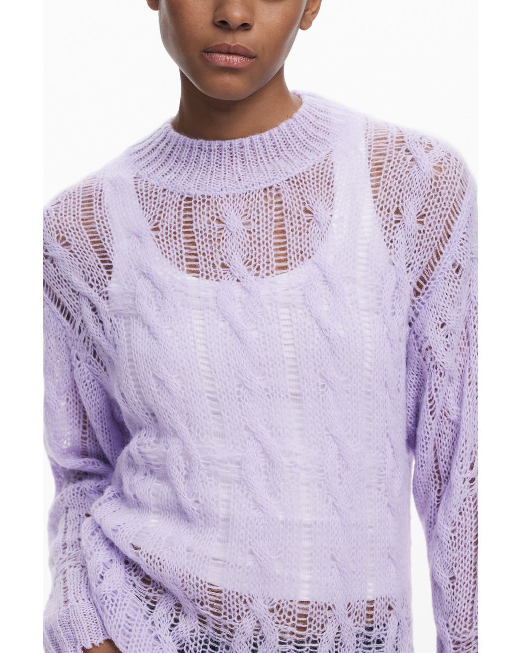 Desigual Purple Cable-Knit Sweater With Distressed Details