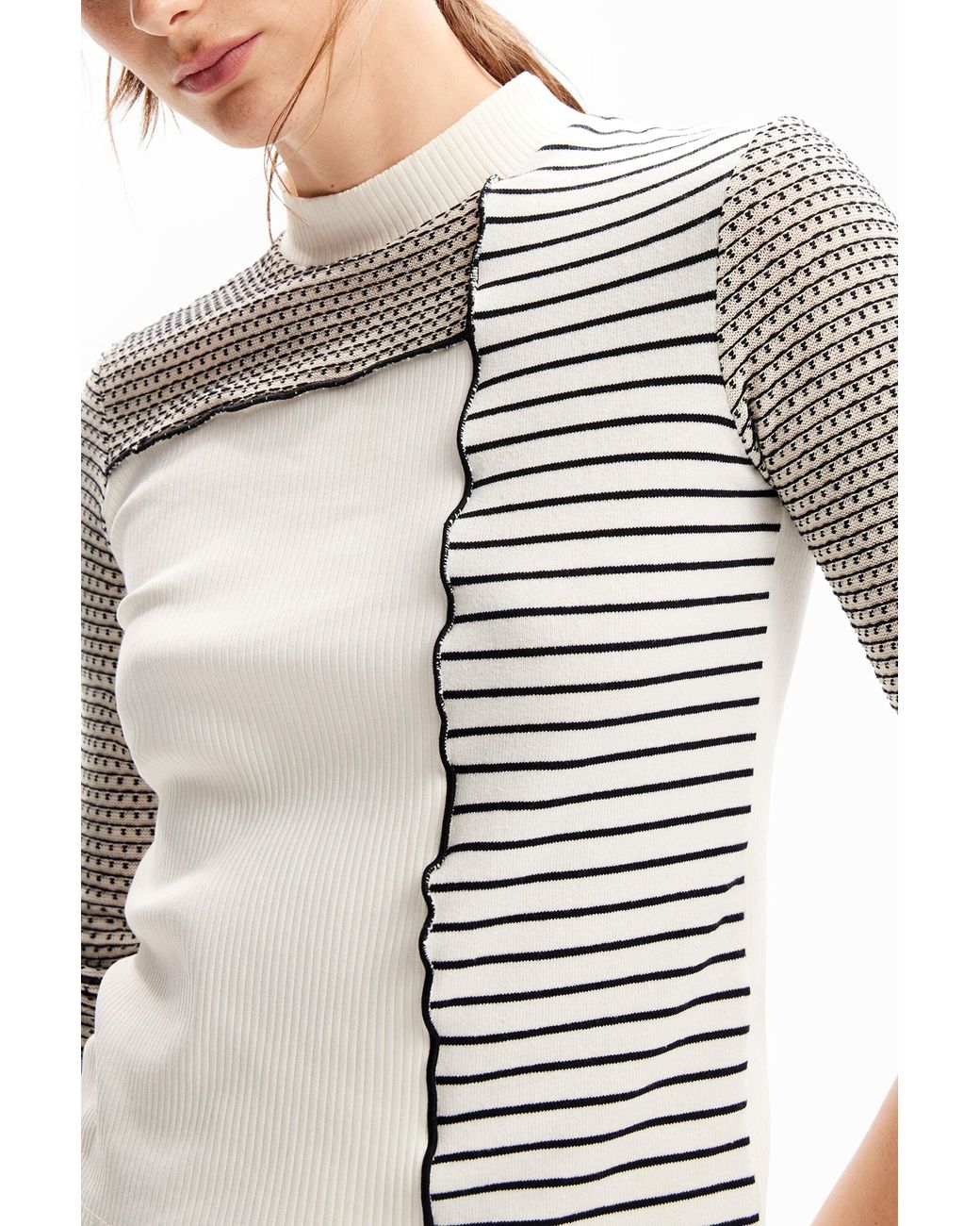 Desigual Blue Slim Striped Patchwork T-Shirt