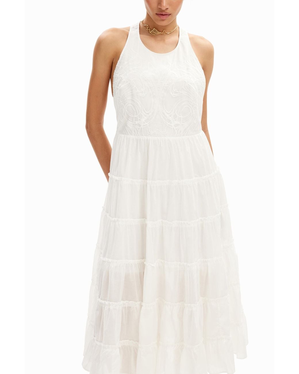 Desigual White M. Christian Lacroix Plunging Midi Dress, Cotton