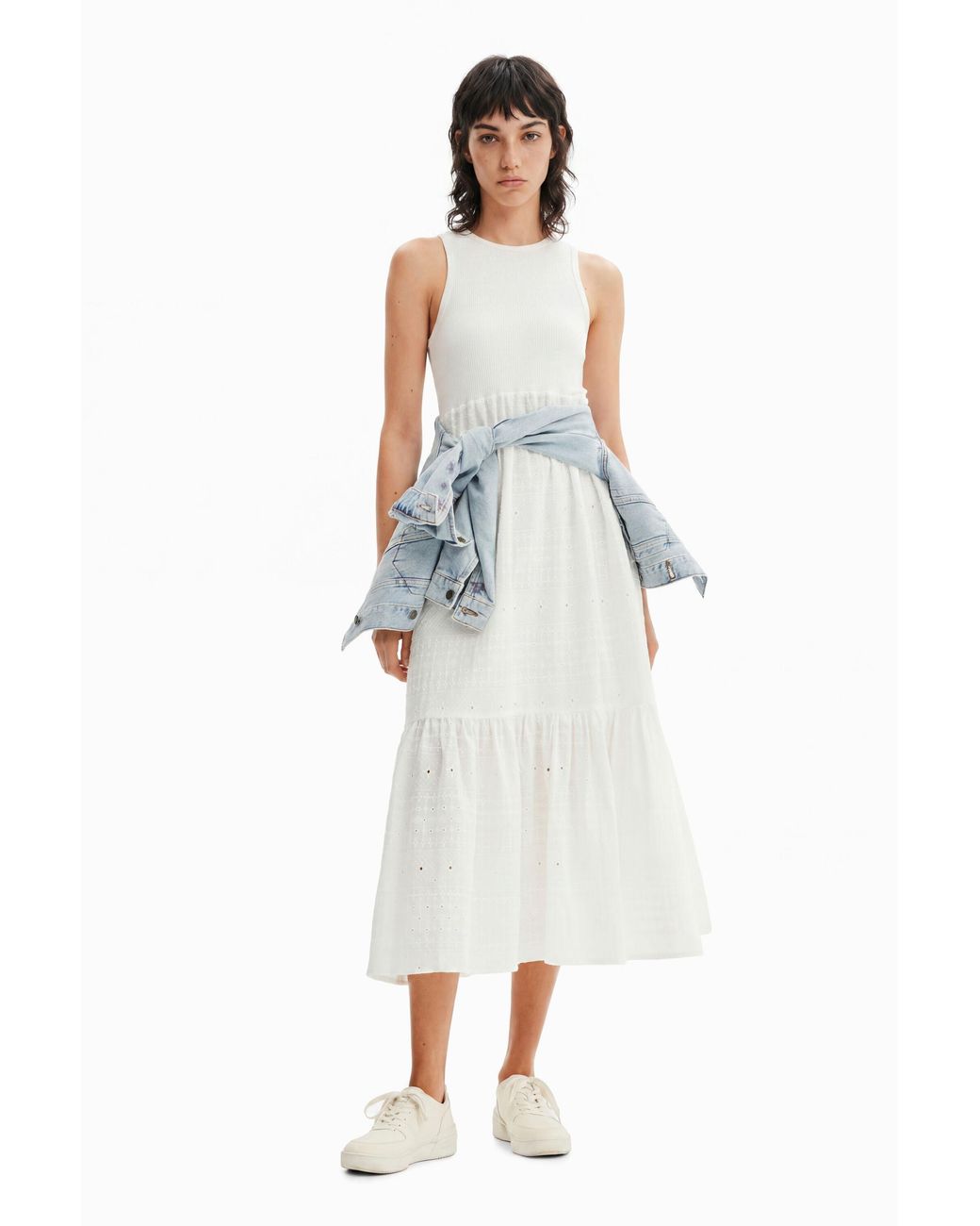 Desigual White Long Embroidered Combination Dress