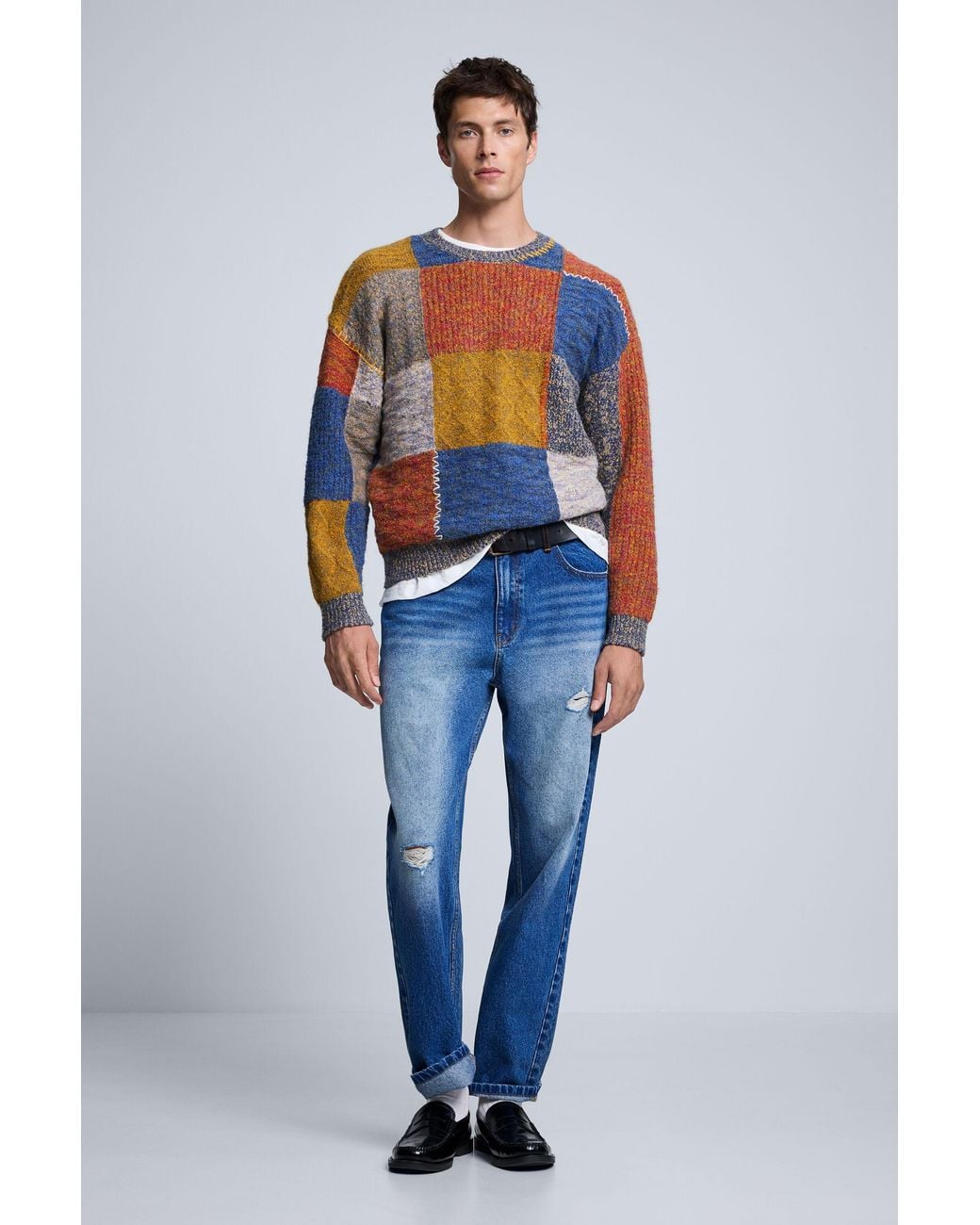 Desigual Blue Patchwork Knit Sweater for men