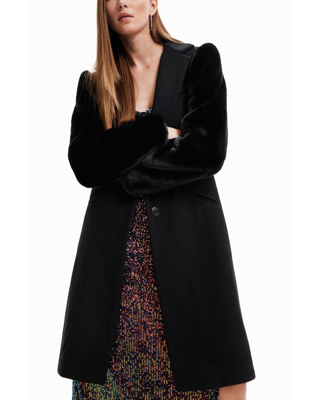Desigual Black Wool Coat With Fur Effect