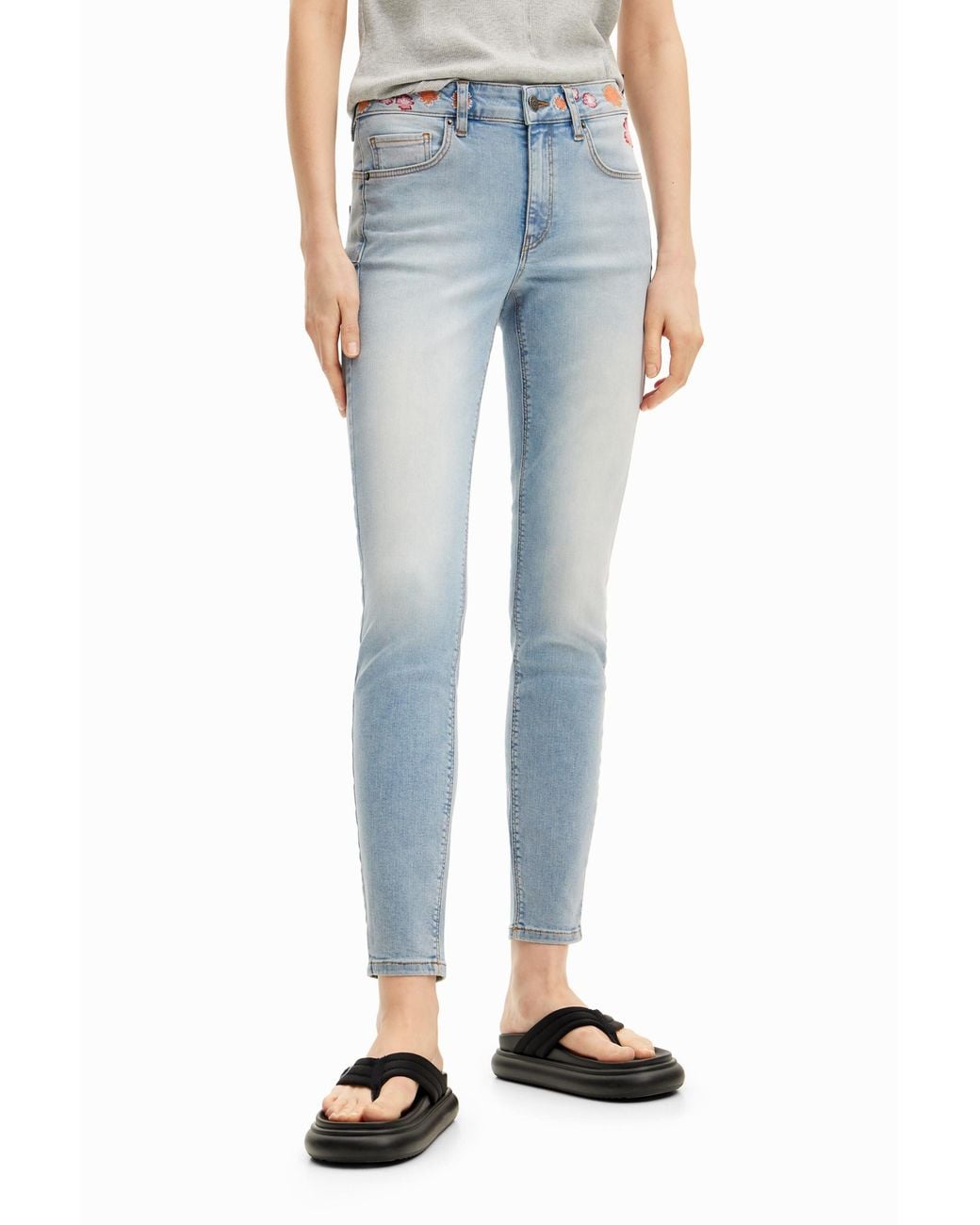 Desigual Blue Long Denim Pants With Flowers On The Waist