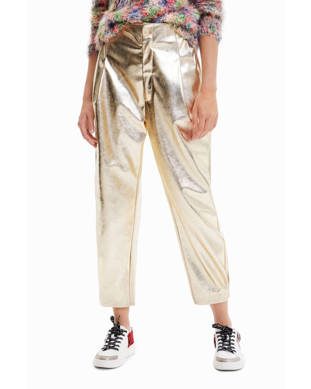 Desigual White Metallic-Effect Slouchy Trousers, Polyurethane