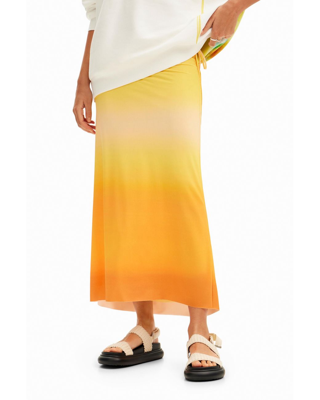 Desigual Yellow Dégradé Slip Midi Skirt, Polyester