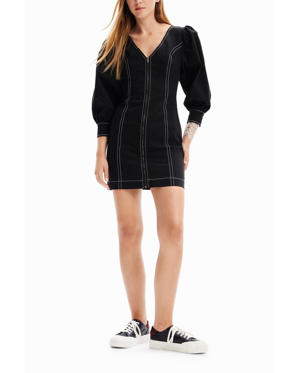 Desigual Black Short Slim Zip Dress, Cotton
