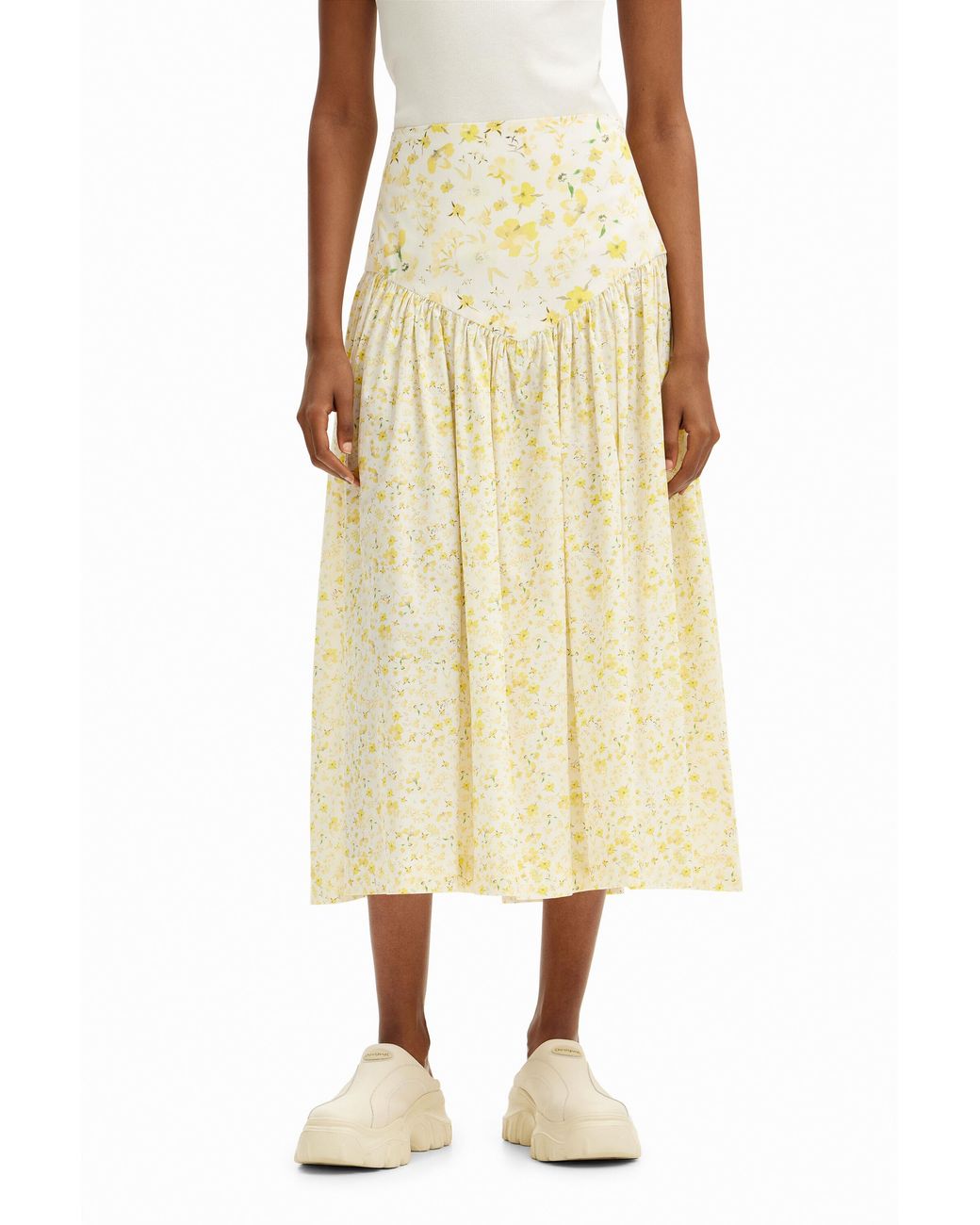 Desigual White Floral Ruffle Midi Skirt, Cotton