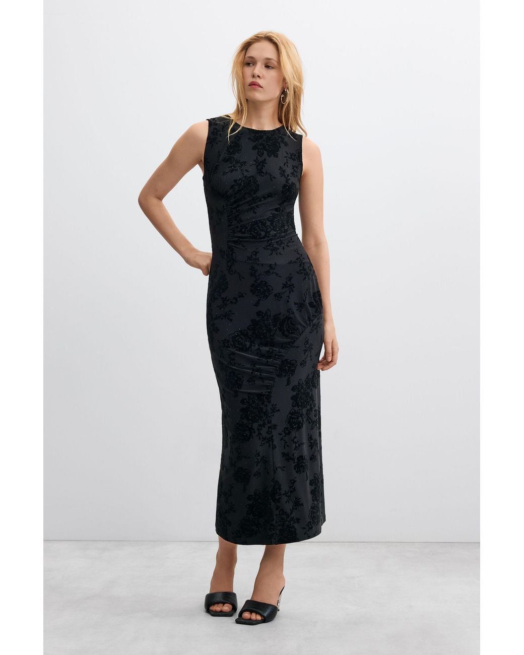 Desigual Black Midi Dress With Flocked Rhinestones, Polyester