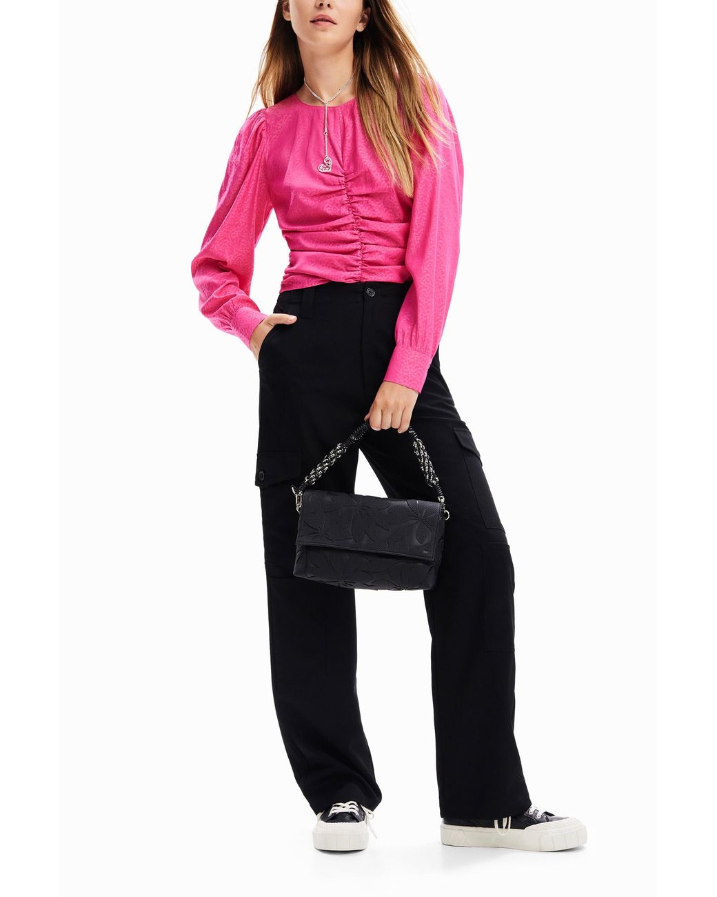 Desigual Pink Jacquard Ruched Blouse, Polyester