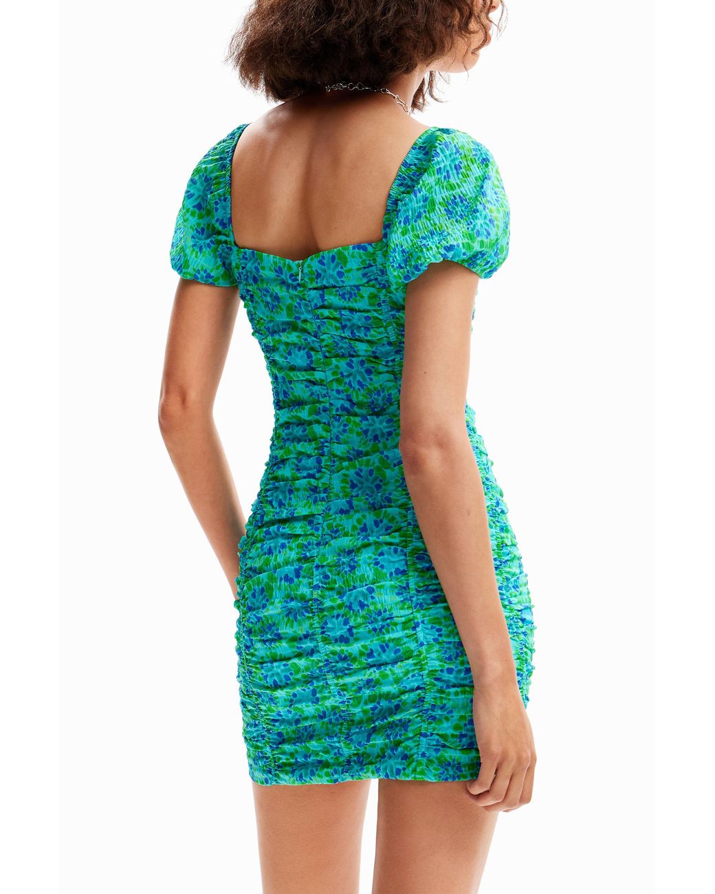 Desigual Green Short Ruched Knot Dress, Polyester