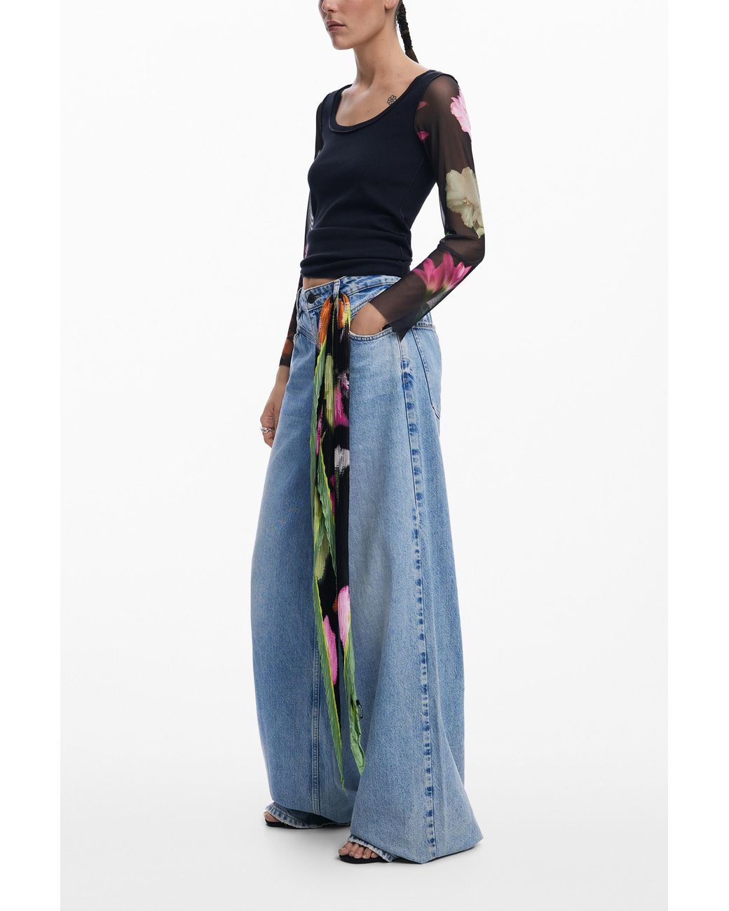 Desigual Blue T-Shirt With Printed Sleeves