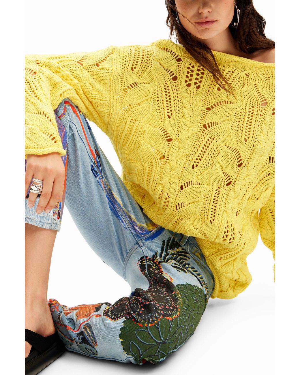 Desigual Yellow Oversize Openwork Pullover