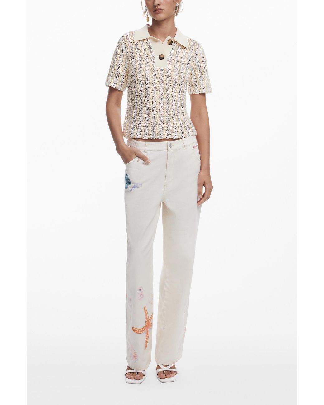 Desigual White Crochet Polo Top