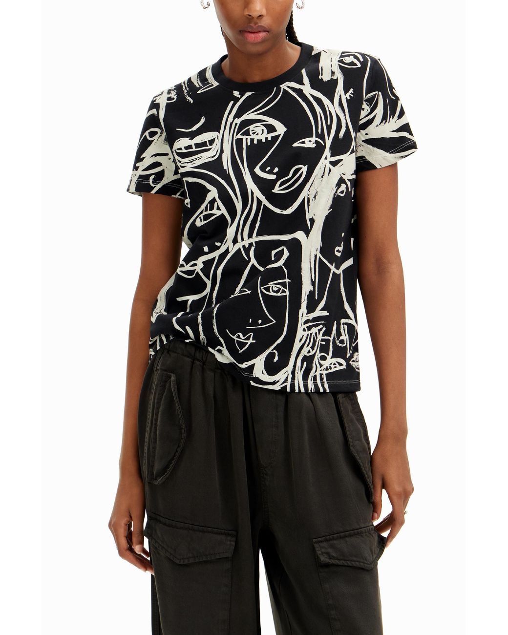 Desigual Black Contrasting Face T-Shirt, Cotton