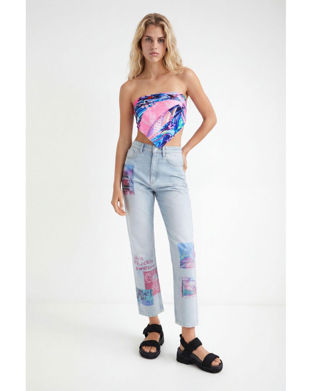 Desigual Blue Straight Cropped Jeans With Patches, Cotton