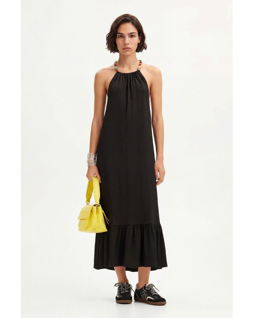 Desigual Black Beaded Strappy Midi Dress, Polyester