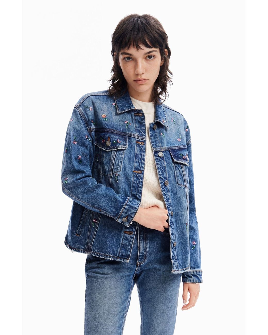 Desigual Blue Floral Denim Trucker Jacket, Cotton