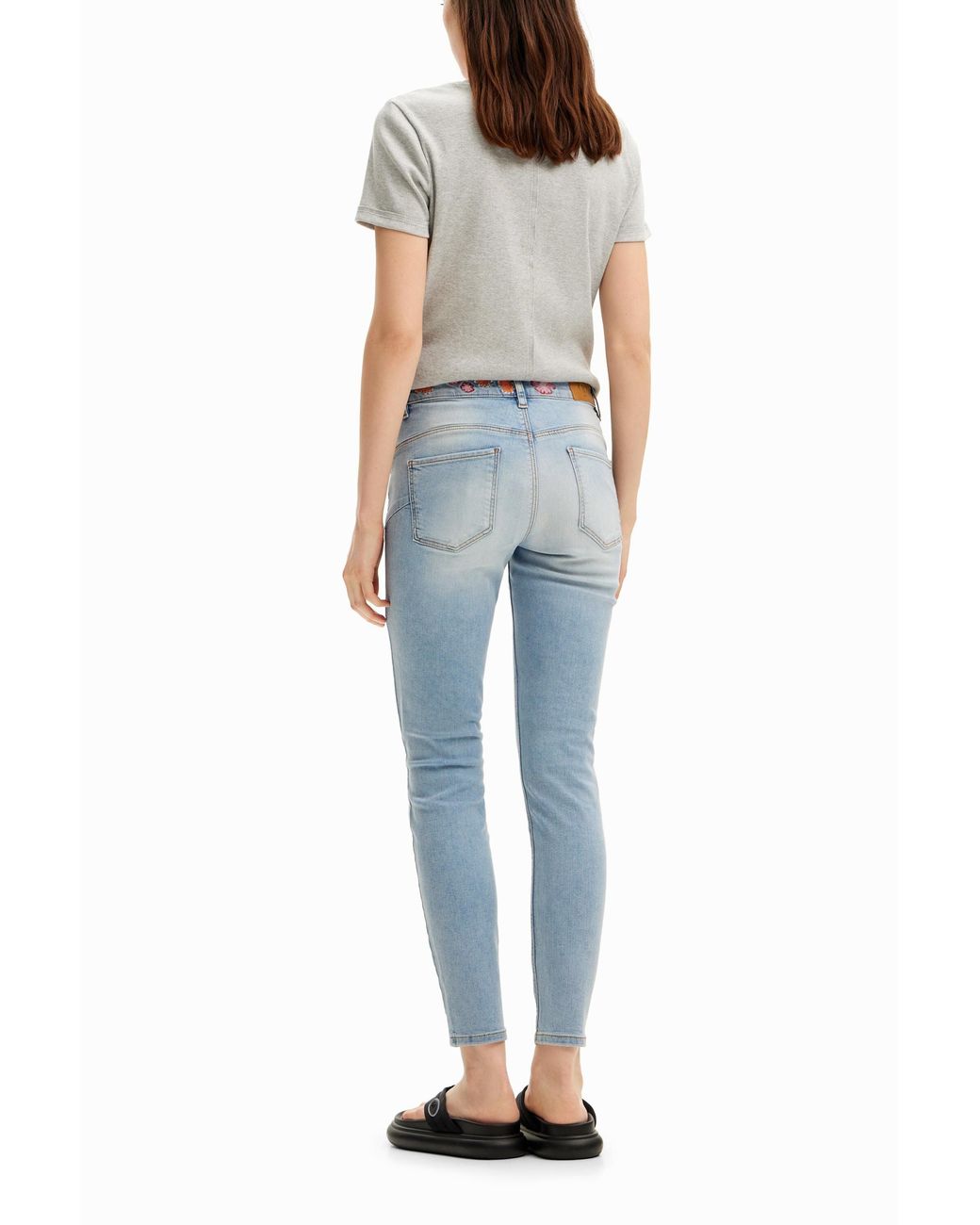 Desigual Blue Long Denim Pants With Flowers On The Waist
