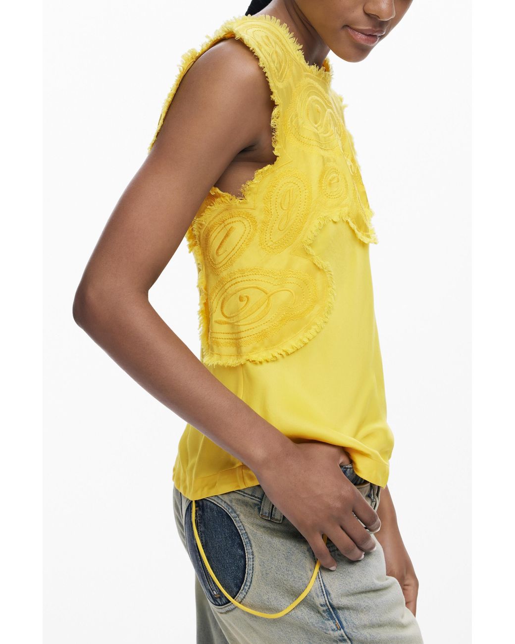 Desigual Yellow Embroidered Blouse, Viscose