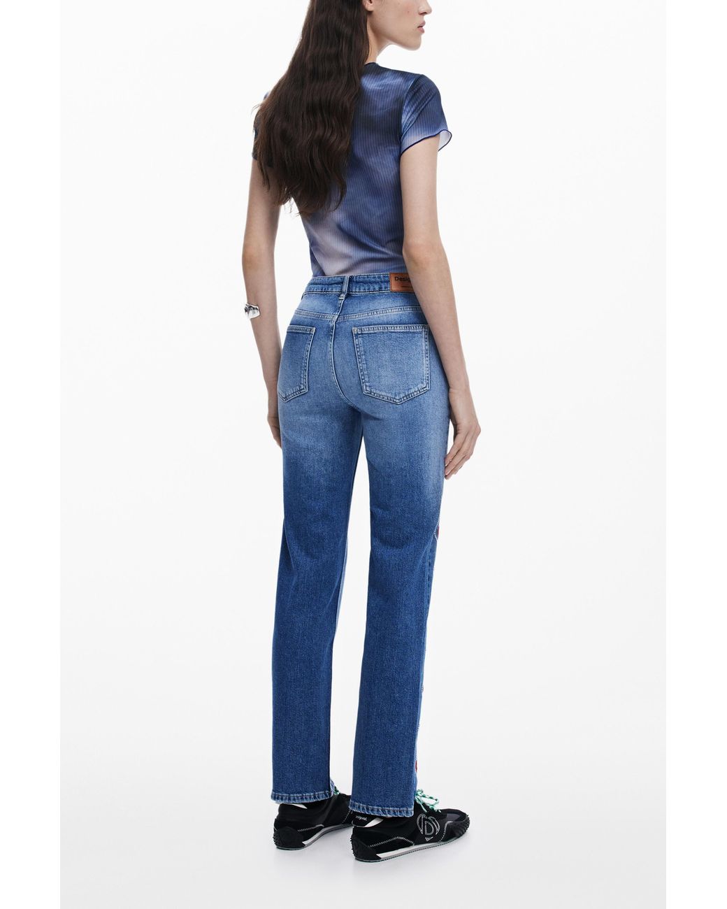 Desigual Blue Straight Jeans With Border, Cotton
