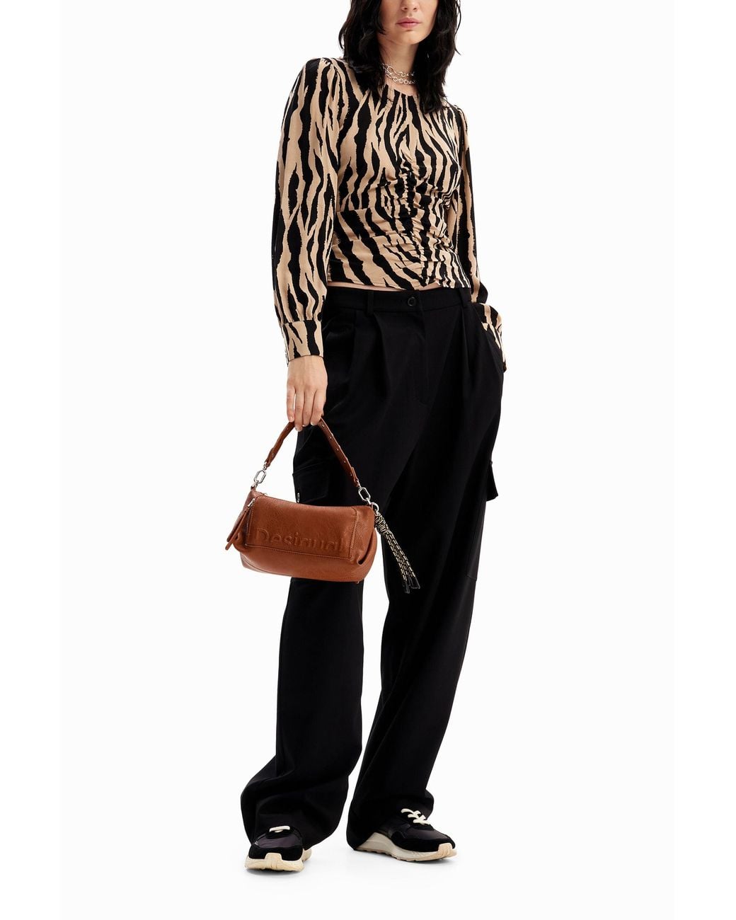 Desigual Black Zebra Ruched Blouse, Viscose