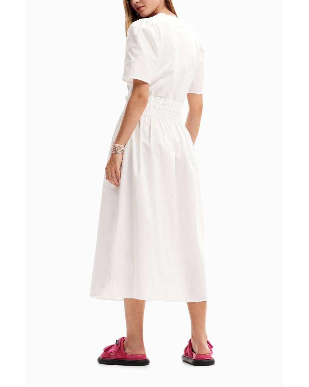 Desigual White Plain Combination Midi Dress, Cotton