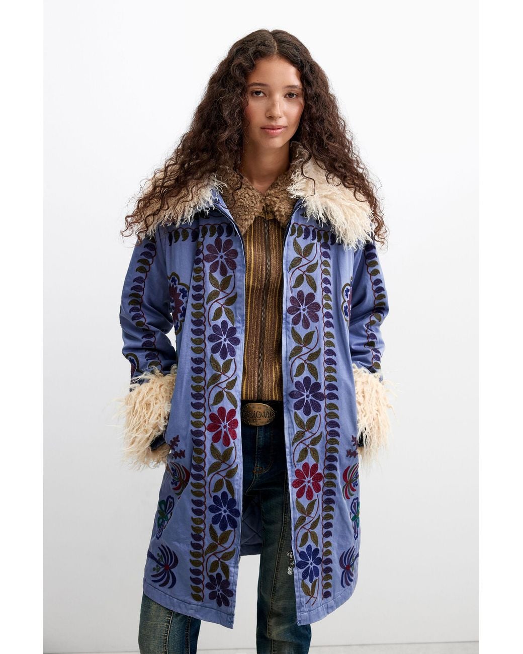 Desigual Blue Printed Coat 100% Cotton, Cotton