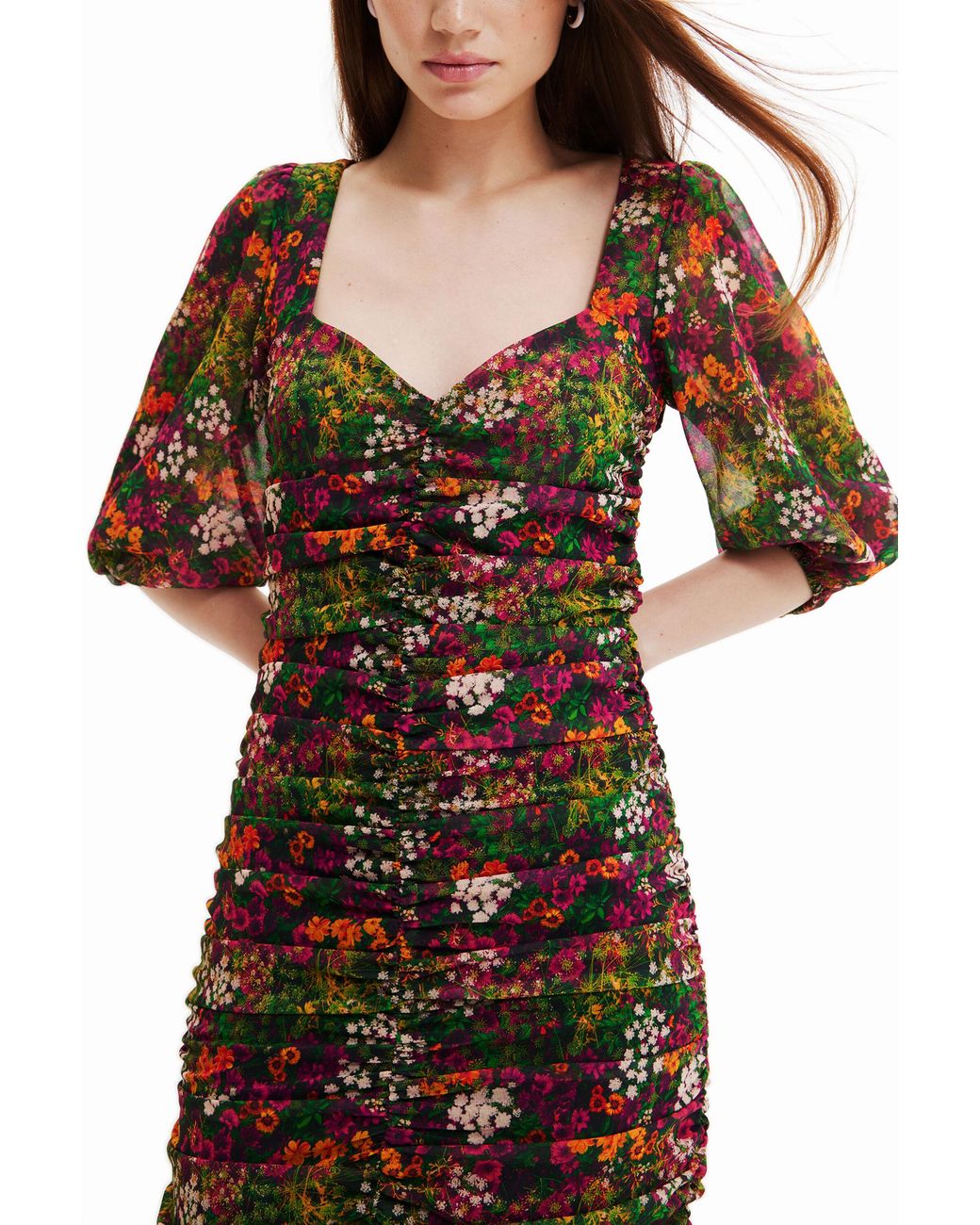 Desigual Multicolor Short Slim Dress With Ruching, Polyester