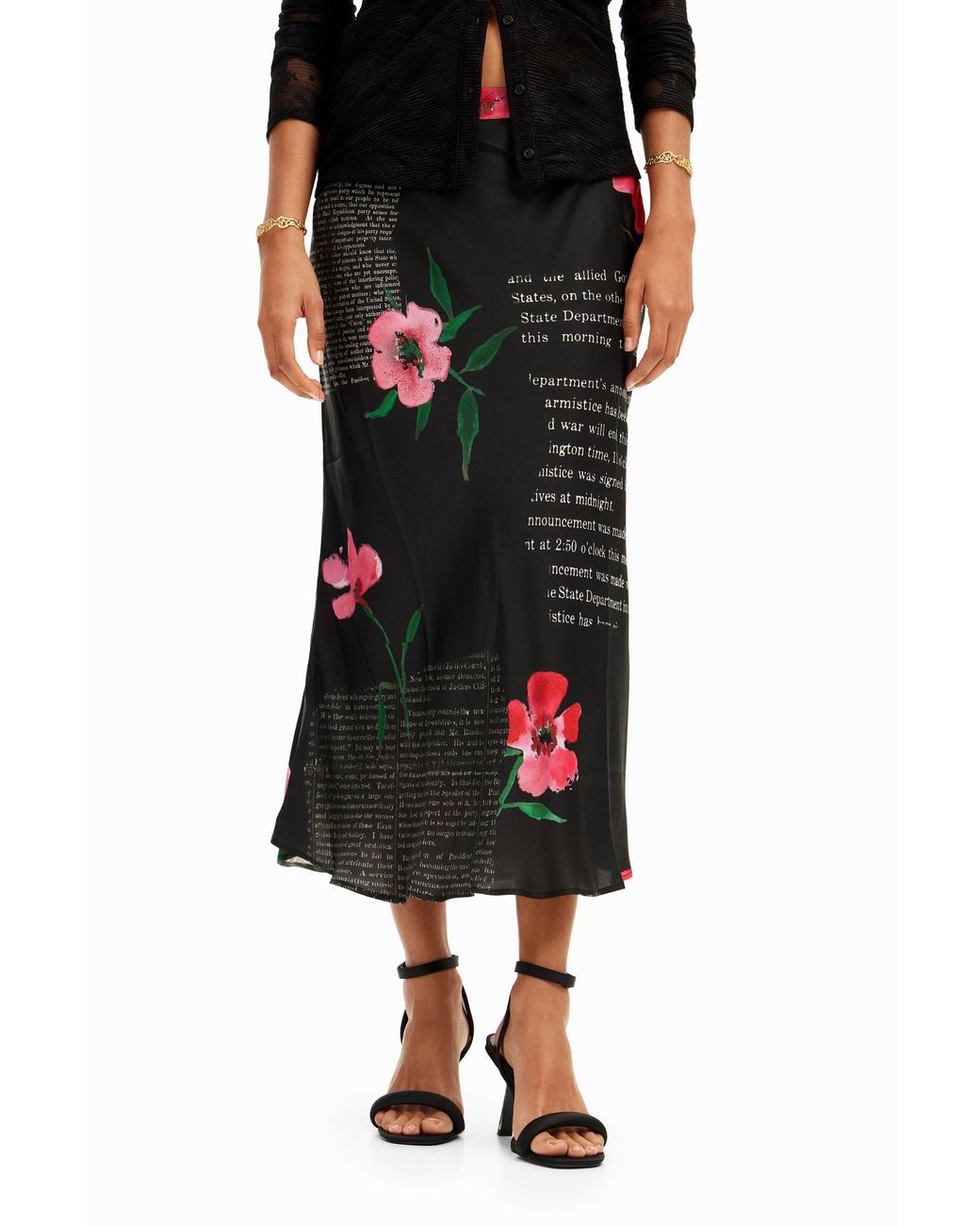 Desigual Black Text Slip Midi Skirt, Viscose