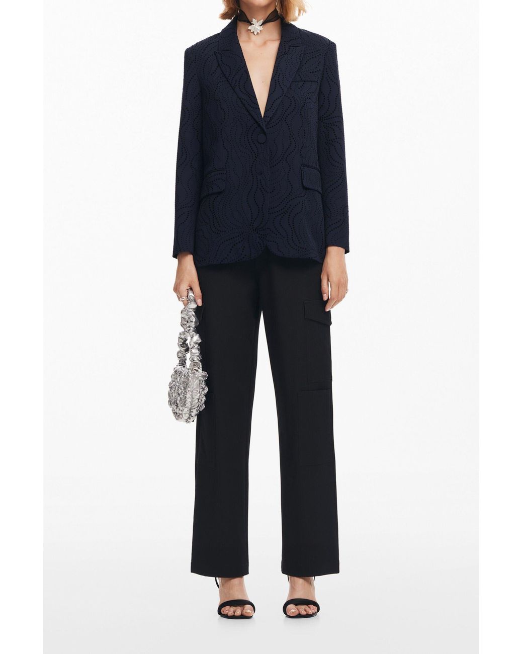 Desigual Blue Embroidered Floral Blazer