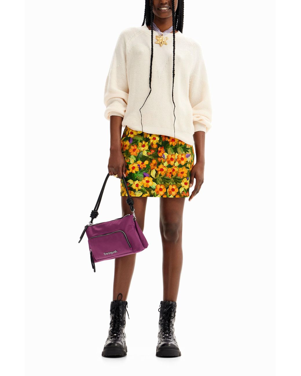 Desigual Yellow Slim Floral Mini Skirt, Cotton