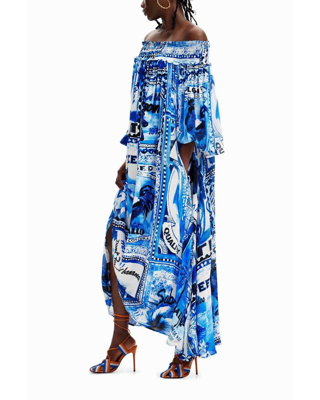Desigual Blue Stella Jean Long Arty Postcard Dress, Viscose
